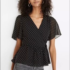 Madewell Top Flutter Sleeve Peplum in Clipdot SZ XS Black Faux Wrap Style